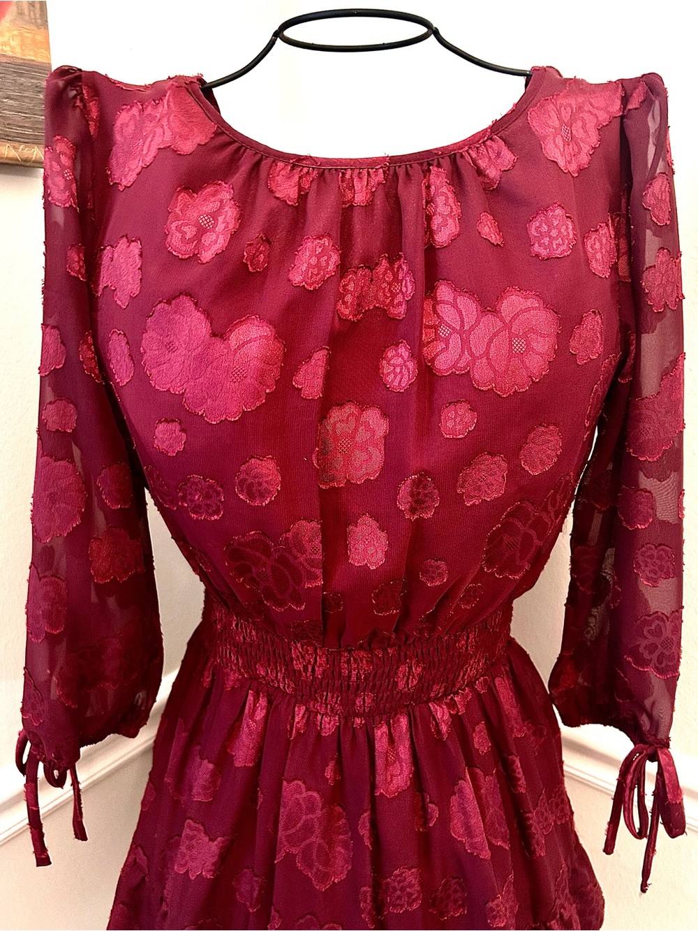 Speechless Burgundy Floral Sheer Long-Sleeve Dress